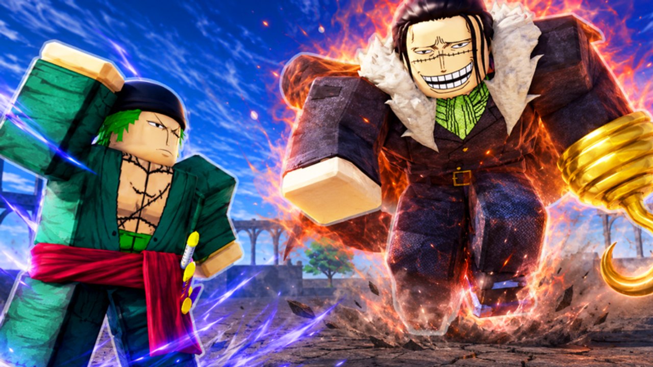 Two Devil Fruit Arena fighters clash in the arena — a swordsman facing a flaming hook-handed morph