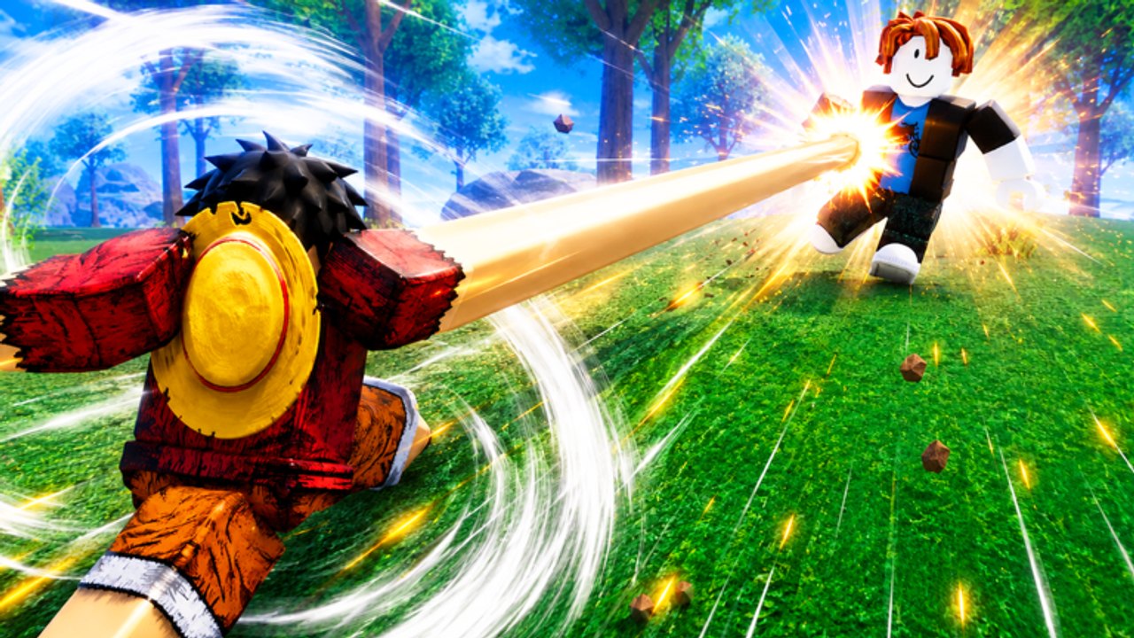 A stretch-fruit fighter lands a long-range punch on another player in the grassy Devil Fruit Arena